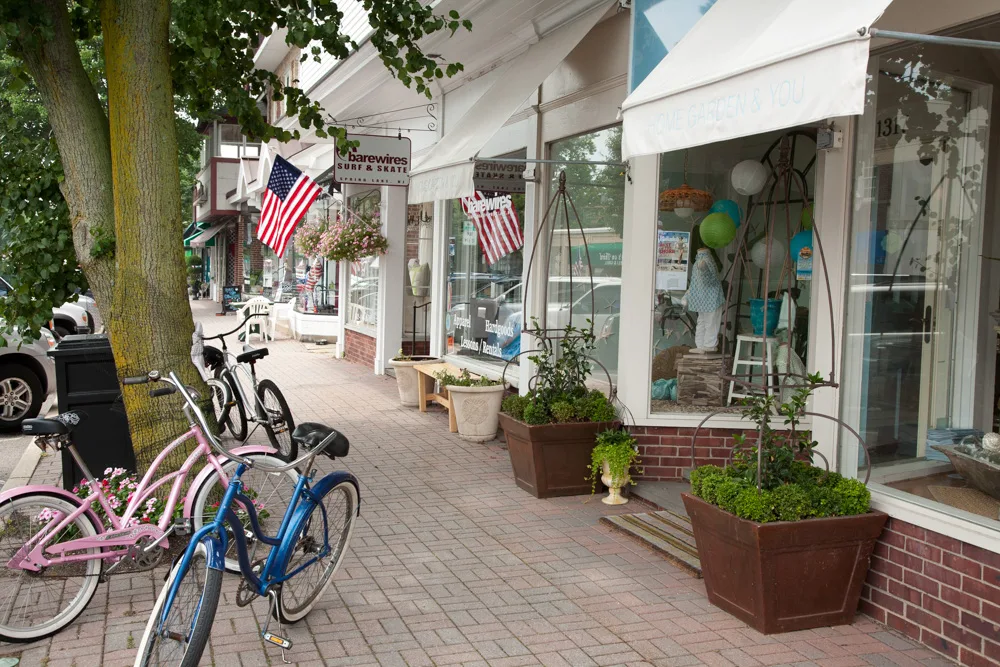 Shops with bikes and flags